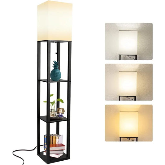 Modern Shelf Floor Lamp - 3 CCT LED, White Shade, Black